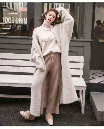 

Autumn Spring New Casual Korean Solid Boutique Mink Cashmere Cardigan Sweater Women Long Sweater Cardigan Coat Ka300