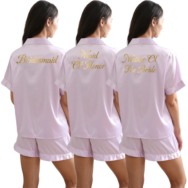 Pajamas Set Womens Ladies Satin Wedding Bridesmaid Bride Pyjama Set Silky Lounge Wear Pajamas Short Sleeve Pjs Set Lavender