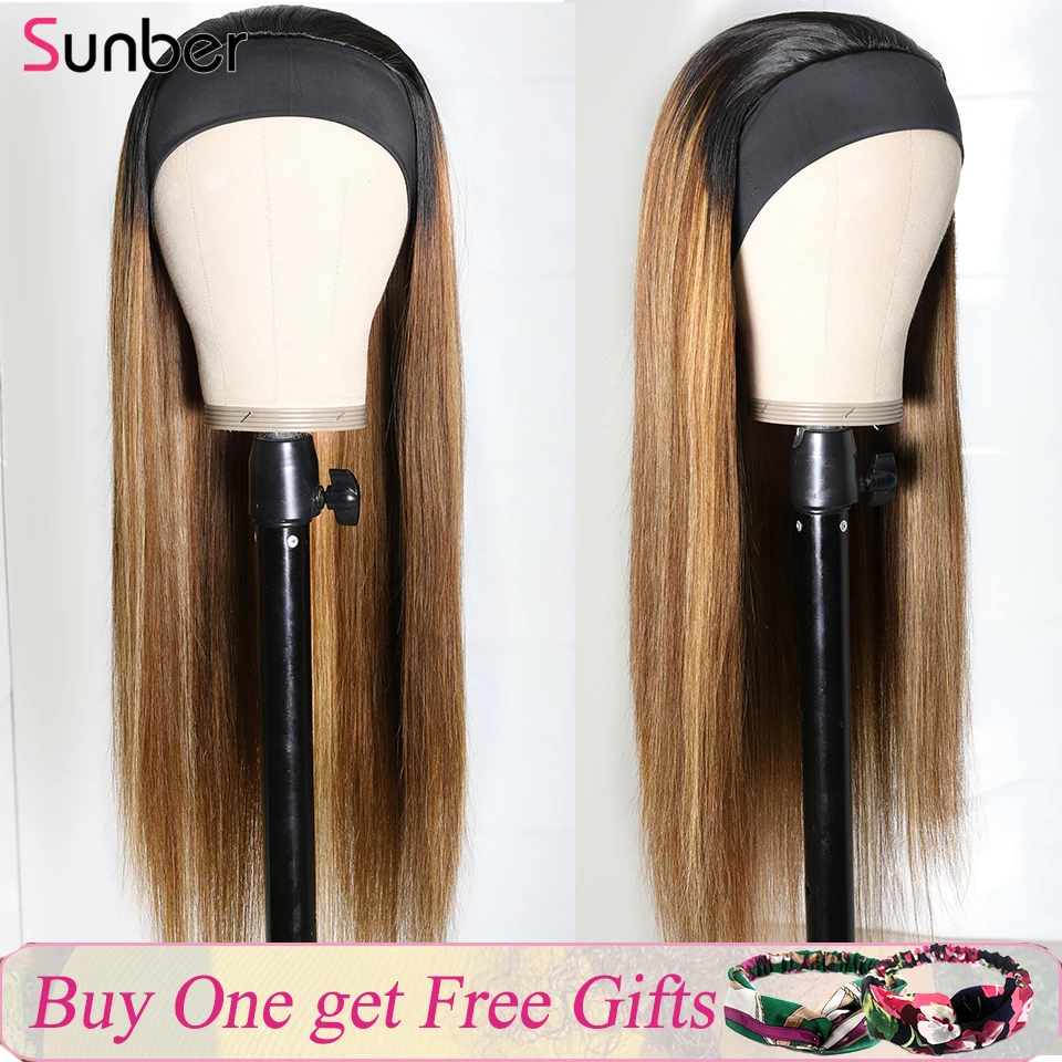 

Sunber Long Straight Ombre Highlight Headband Wigs for women 150% density No Glue Remy Hair Straight TL412 Peruvian Wig