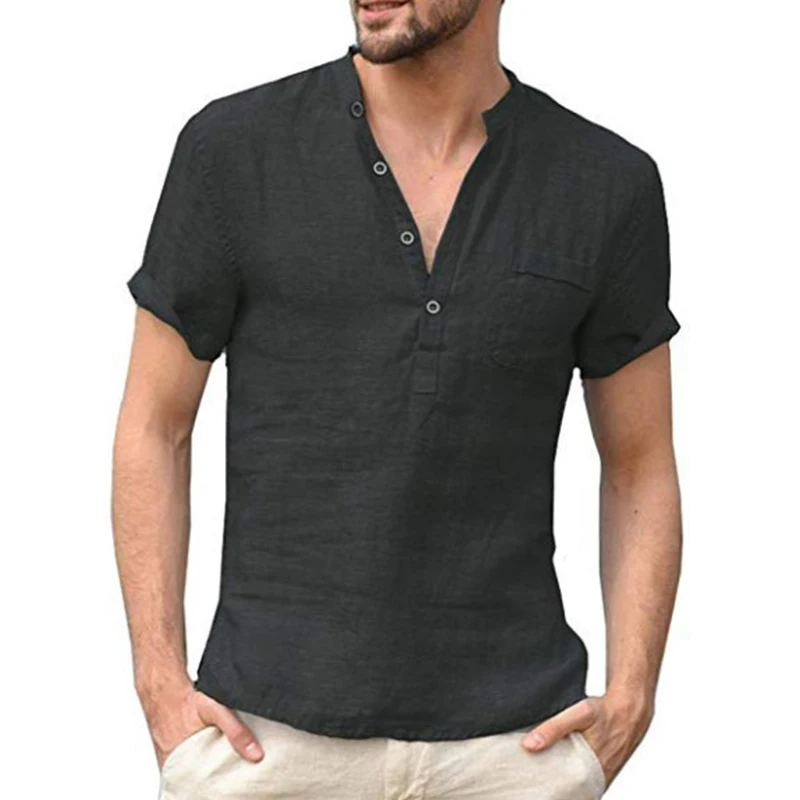 

Fashion Stand Collar Button Pocket Shirts Summer Vintage Linen Cotton Shirts For Men 2021 Casual Short Sleeve Mens Tops Pullover