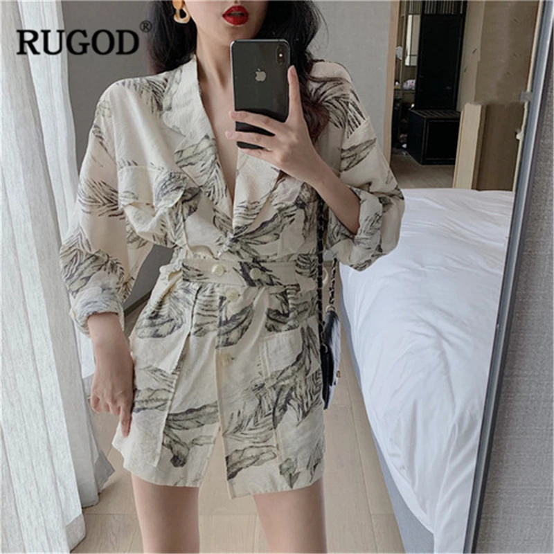 RUGOD New Women Thin Blazers Cotton And Linen Pockets Casual Coat Stylish Print Oversize Tunic Blazer Buttons Temperament