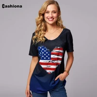 cashiona plus size women tees shirt trend american flag print love tshirt short sleeve summer v neck female top casual pullovers