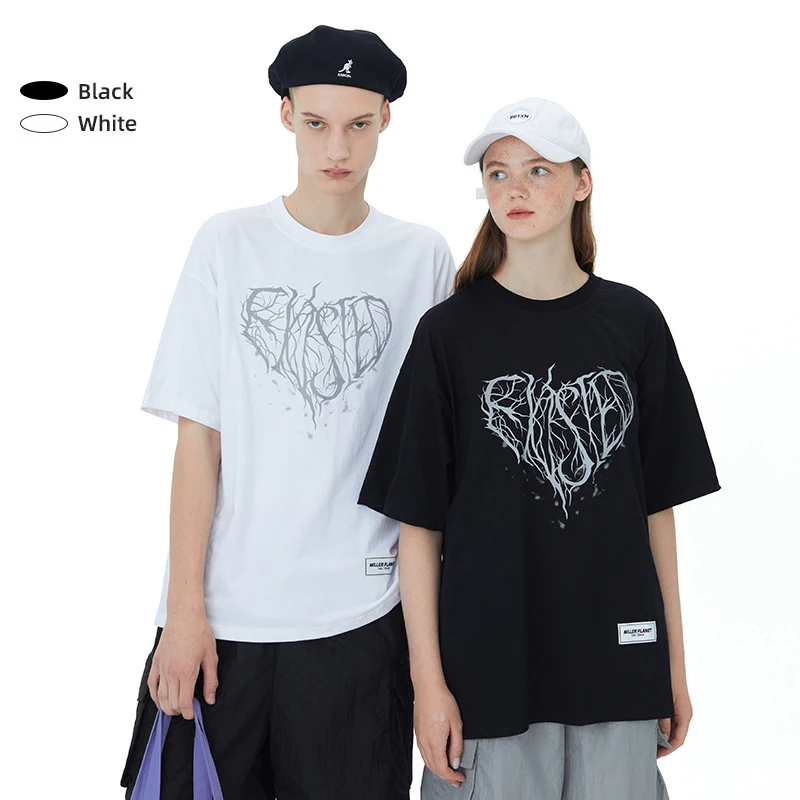 

Men dan Women Summer New Street Fashion Couples All-Match Reflective Pure Cotton Round Neck Short-Sleeved T-Shirt Printing Tide