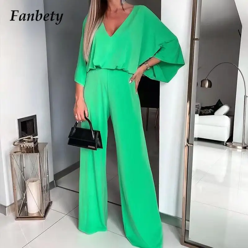 

Женский комбинезон с широкими штанинами, повседневный однотонный комбинезон с открытой спиной и глубоким V-образным вырезом, весна 3/4