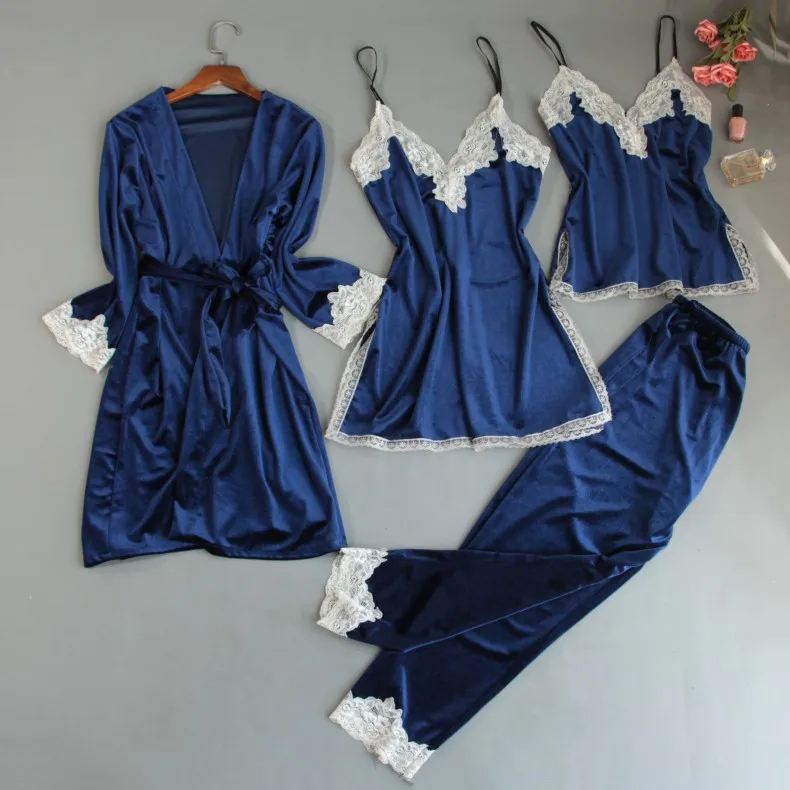 

Velvet Lady Nightgown Pajamas Suit Kimono Bathrobe Gown Winter Autumn NEW 4PCS Robe Set Lace Sleepwear Nightwear Home Clothes