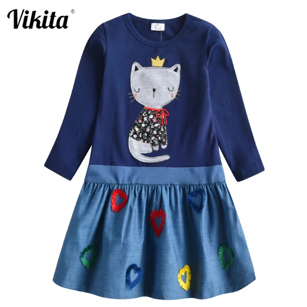 Купи VIKITA Girls Cotton Dress Kids Cartoon Appliqued Vestidos Children Casual Wear Clothes Girls Long Sleeve Patchwork Dresses за 676 рублей в магазине AliExpress