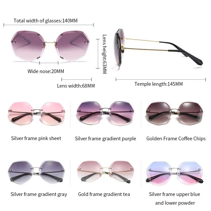 

2021 Rimless Sunglasses Women Polygonal Sun Glasses Gradient Shades Cutting Lens Ladies Frameless Metal Eyeglasses UV Protection