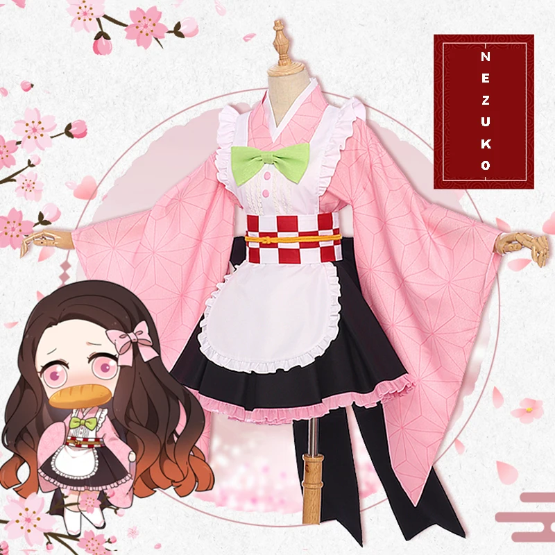 

Anime Comic Demon Slayer Kimetsu no Yaiba Cosplay Costumes Kamado Nezuko Cosplay Costume maid outfit apron dress pink Outfit