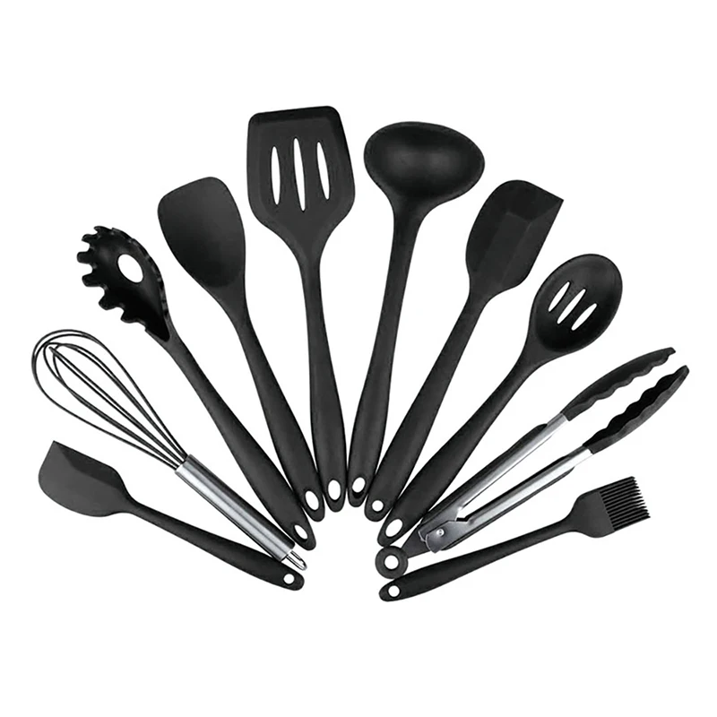 10 Pcs Set Black 12/10 шт. Кухня Пособия по кулинарии Инструменты Набор бытовой силиконовая ложка деревянный кокен Gereedschap с Opbergdoos Тан Spatel Тернер - Цвет: 10 Pcs Set Black