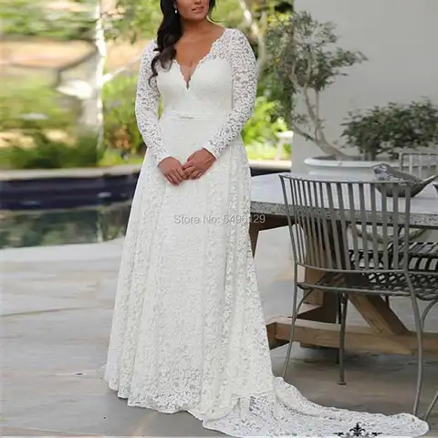 Full Lace Plus Size Wedding Dresses with Long Sleeves Sexy Deep V Neck Open Back Ivory White Formal Bridal Gowns Robe de Mariee