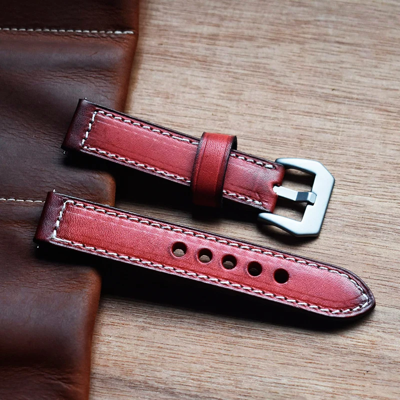 Handmade Watchband 20mm 22mm 24mm Green Red Blue Brown Vintage Leather For Panerai Watch Strap Band KZB02