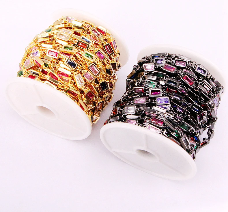2Meters, Rectangle Colorful CZ Link Chain, Rainbow Cubic Zircon Faceted Bead With Chain, Wire Wrapped Rosary Style Chain