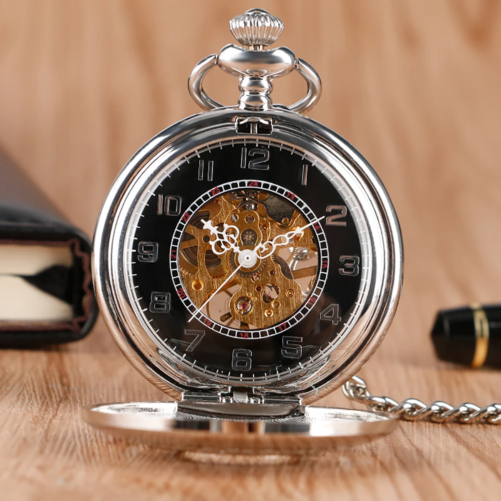 Механические карманные часы с ручным заводом, подвесная цепочка, Подарочная коробка, унисекс, перфорированный черный циферблат, прочный се... от AliExpress WW