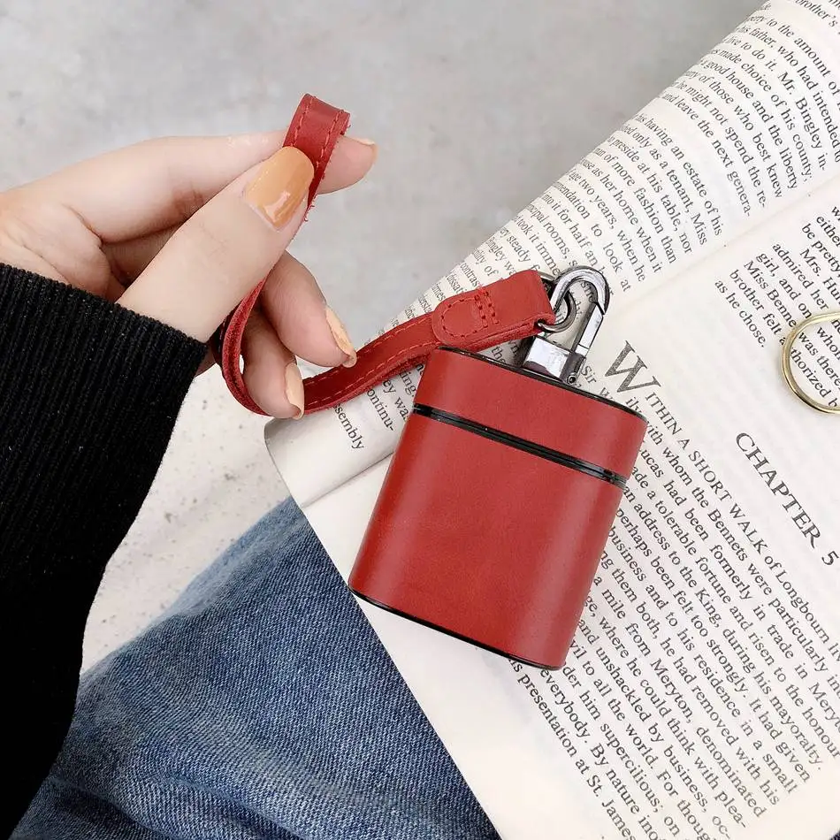 Axbety для AirPods 2 Чехол кожаный чехол для наушников Чехол коробка для Apple Airpods 1 2 Чехол Мягкая микрофибра жесткий чехол - Цвет: Red with strap