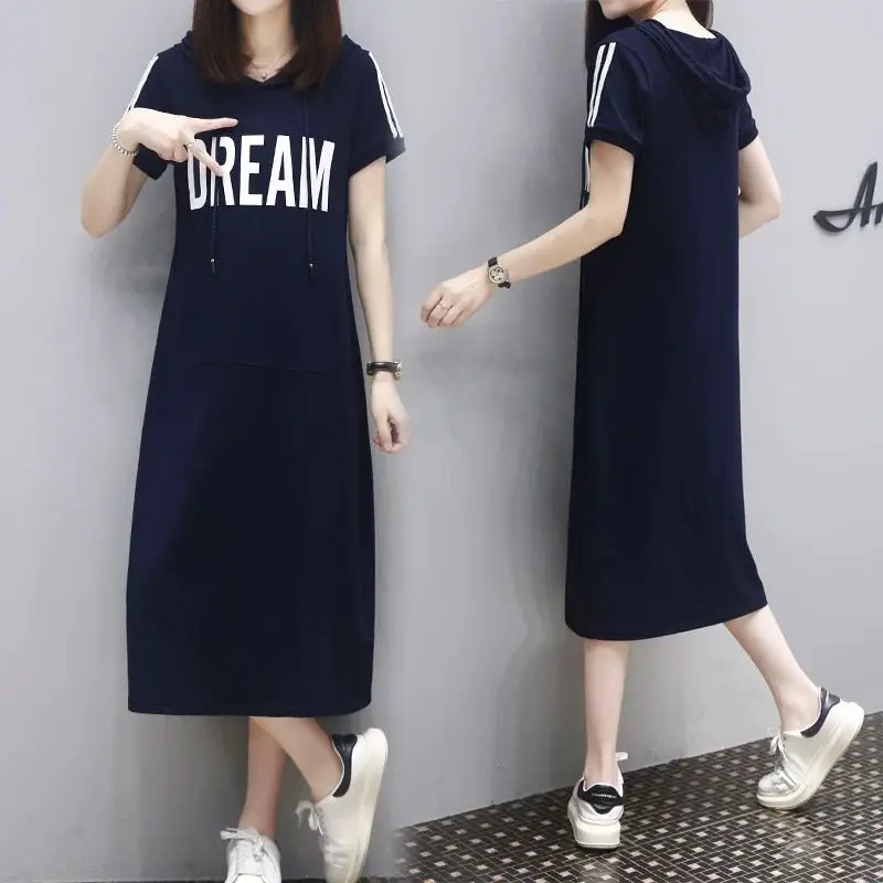 

Elegant Summer Women's Dress Hooded Collar Short Sleeve A-Line Women's Dress Black Letter Sports Style Female Clothes SS3420