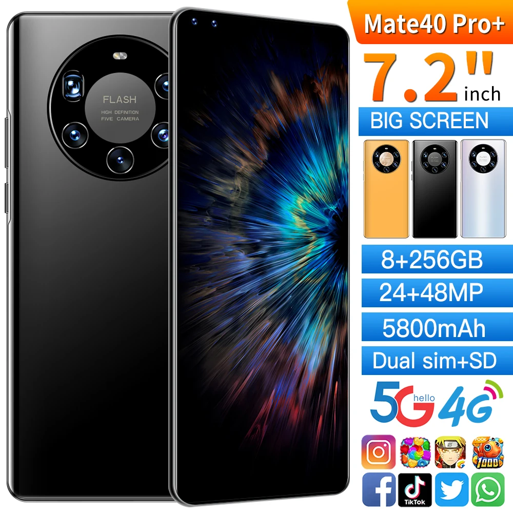

Global Version Smartphone Mate40 Pro+ 7.2inch Big Screen 8+256GB Android Telephone 24MP+48MP HD Camera Dual SIM Card Mobilephone