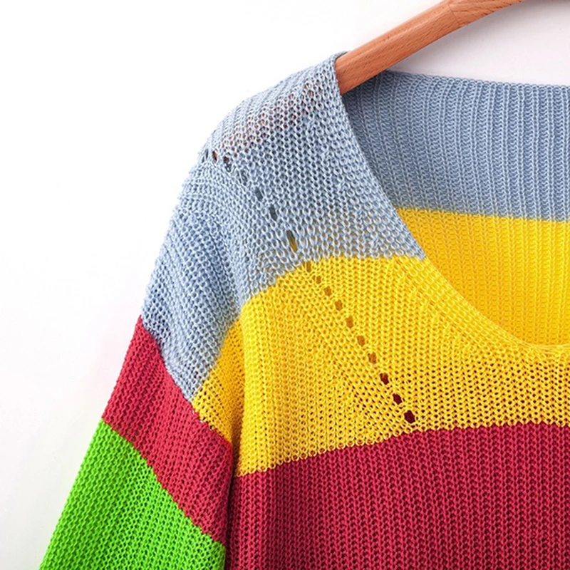 

Rainbow Colorful Stripe Print Sweater Women New Fashion Sweaters Patchwork Long Sleeve Tops Knit Shirts Top 2021