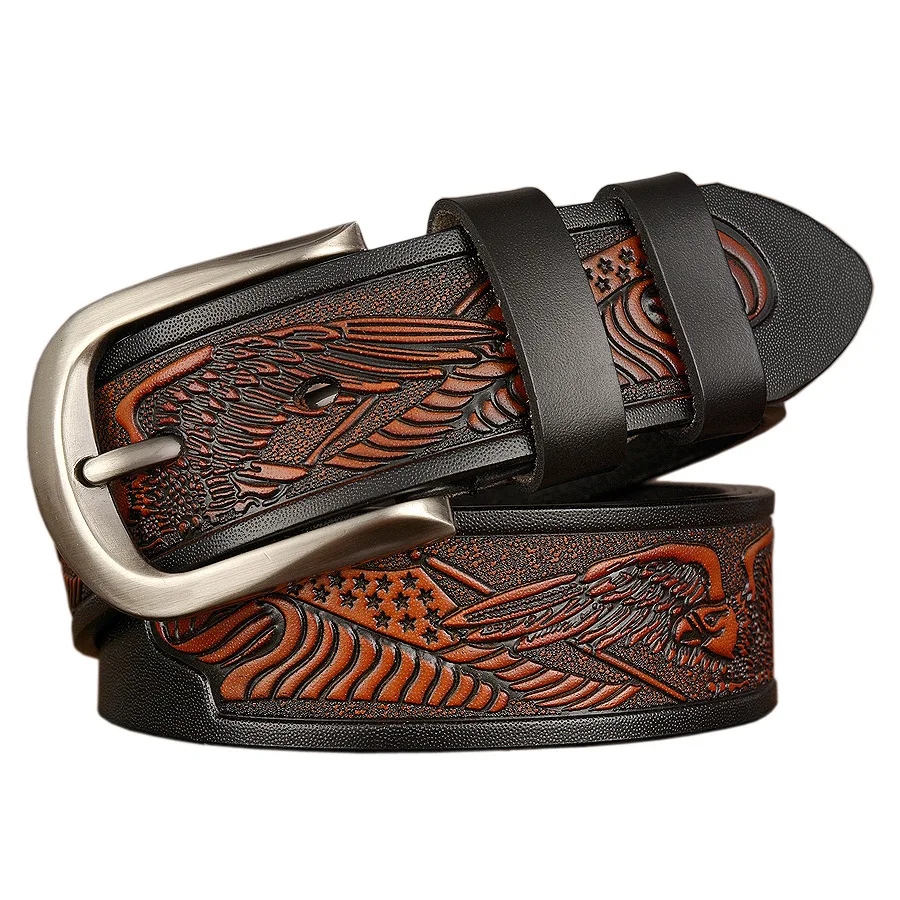 

Top selling men's genuine leather belt Eagle carved leather belt men's personalized casual pin buckle Jeans Belt mens luxury