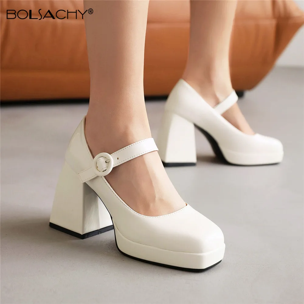 

Women Pumps Big Size 34-43 2022 Spring Brand New Square toe High Heel Buckle Chunky Platform Sexy Goth Mary Jane Footwear Pumps