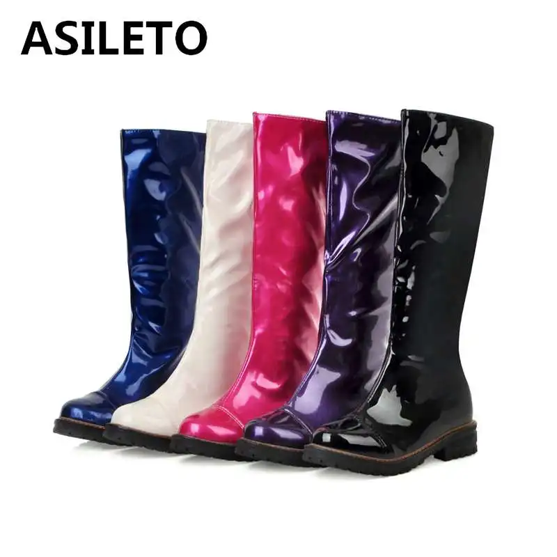 Новые женские сапоги ASILETO из лакированной кожи до колена водонепроницаемые на