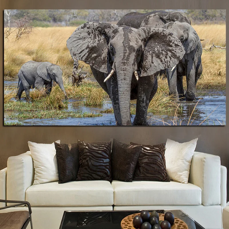 

Animals Elephants Bathing in Mud Landscape Oil Painting on Canvas Poster and Print Abstract Art Wall Picture for Living Room