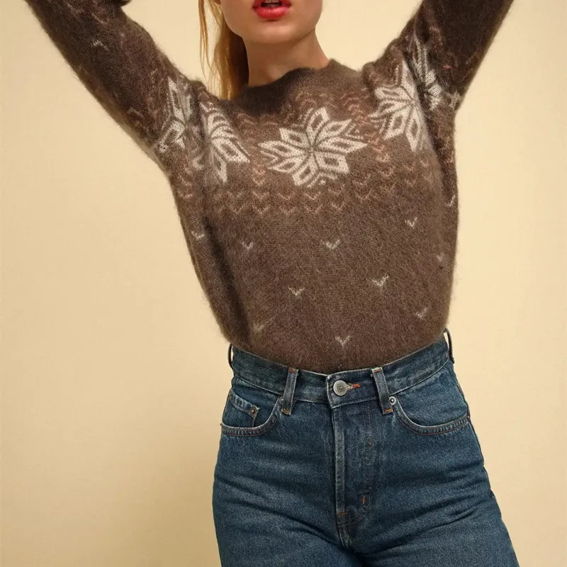 

Geometric Jacquard Women's Knit Sweater Mohair Wool Blends Long Sleeve V Early Autumn Jumper Female Vintage Knitted Pull