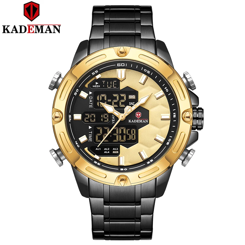 GOLD Новинка, Брендовые мужские спортивные часы Kademan, полностью стальной ремешок, светодиодный, двойной дисплей, уникальный дизайн, модные кварцевые наручные часы, водонепроницаемые, K9070 - Цвет: GOLD