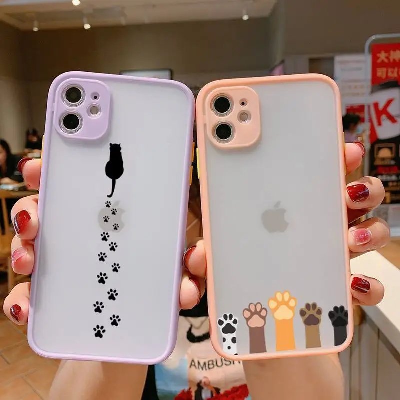 

Cat Dog Paw Print Bumper Phone Case For iphone12 11 Pro Max X XS Max XR 7 8 Plus 12mini Translucent Matte Shockproof Cover