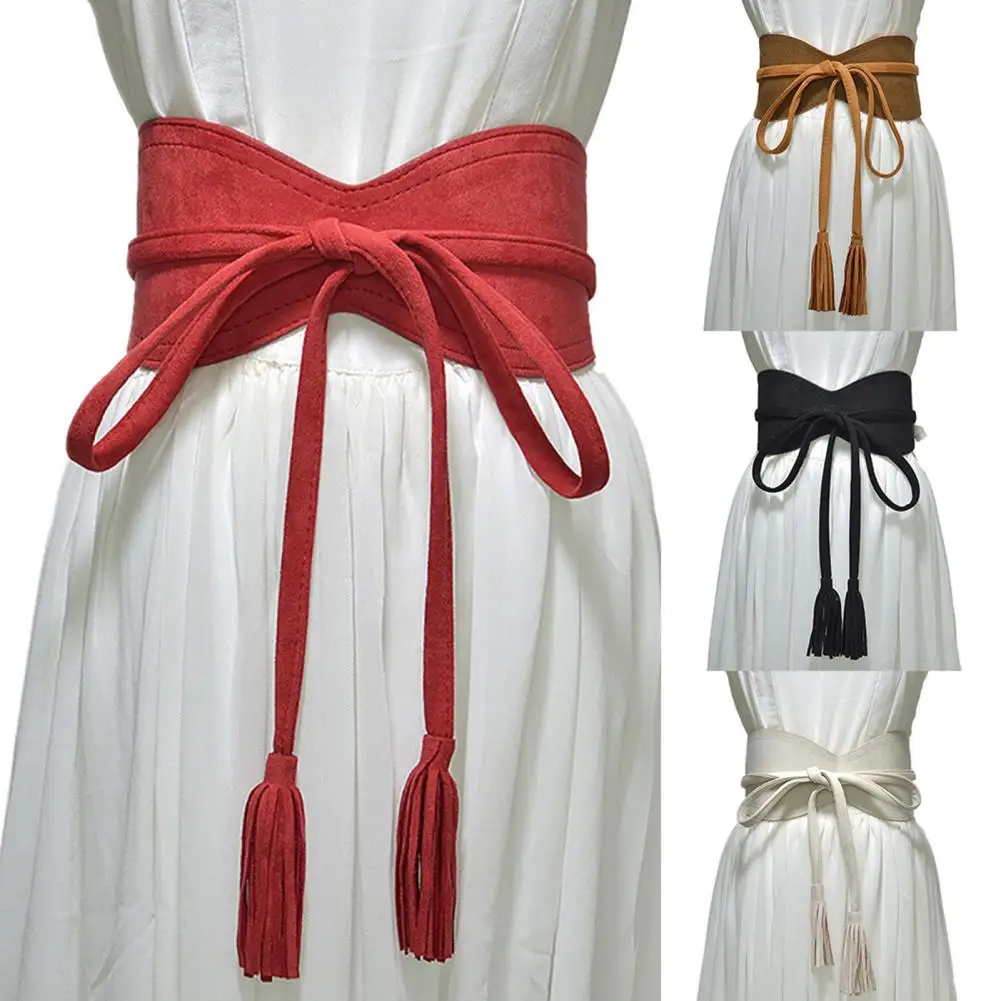 

Cummerbunds Fashion Women Solid Color Faux Leather Tassel Bow Tie Wide Belt Corset Waistband