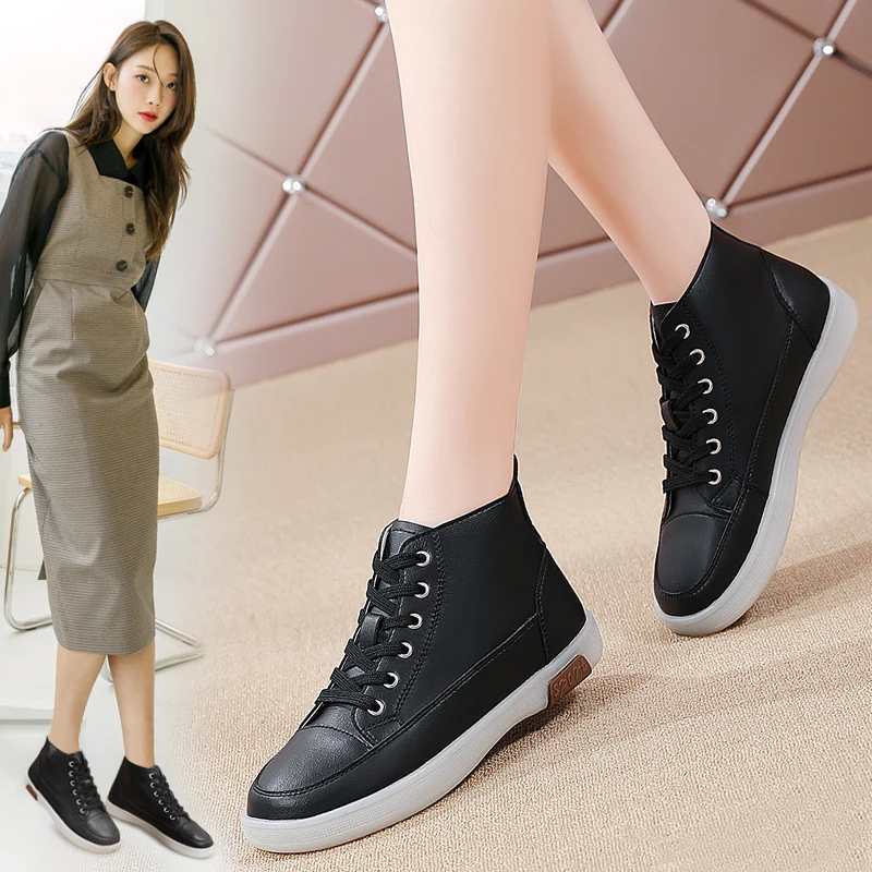 Women New Fashion Cow Split Casual Ankle Boots Ladies All-match Breathable Comfy Leather Shoes Lace-up Leisure Mid-high Footwear