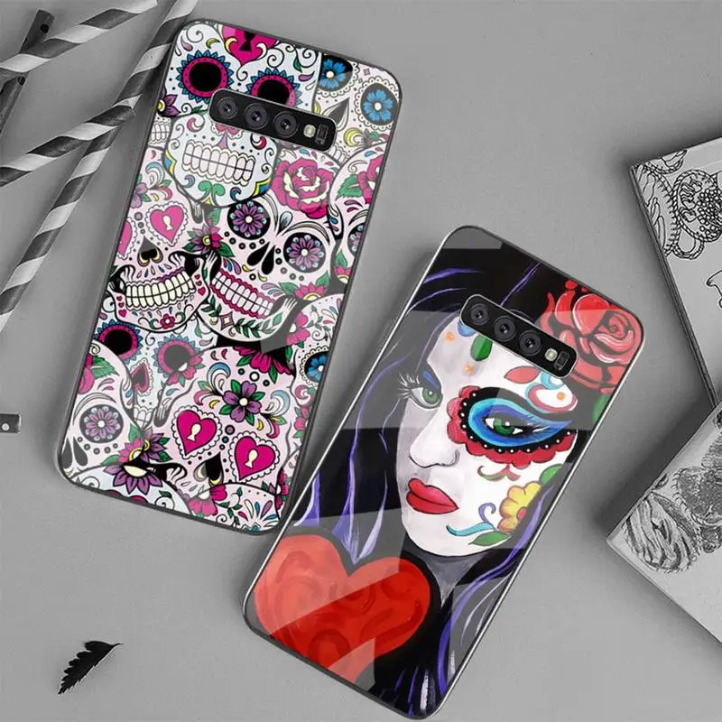 

Retro Style Flower Skull Phone Case Tempered Glass For Samsung S6 7 8 9 10 20 Plus Ultra Note8 9 10 10pro
