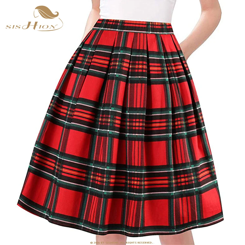 

SISHION Checkered Cotton Women Midi Skirt High Waist Pin Up Hepburn Retro Vintage Swing 50s 60s Rockabilly Plaid Skirt SS0012