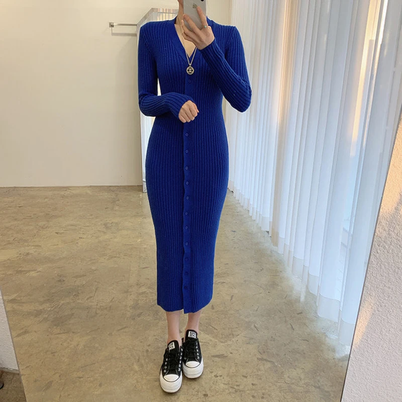 

Alien Kitty 2021 Women Dresses French Slim Solid Knit Sweater Elegant V-Neck Gentle Sheath Retro Female Office Lady Vestidos
