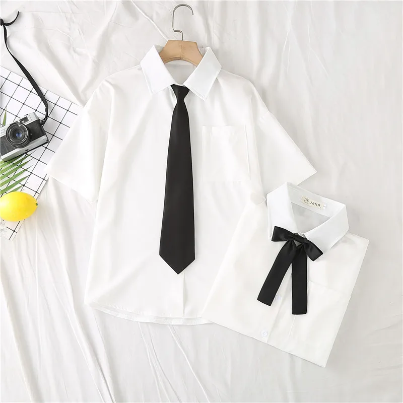 

New Blouses Shirt Women JK Style Summer Short Sleeve Solid White Tops With Tie Bow Japanese Korean Female Shirts Lapel Blusas