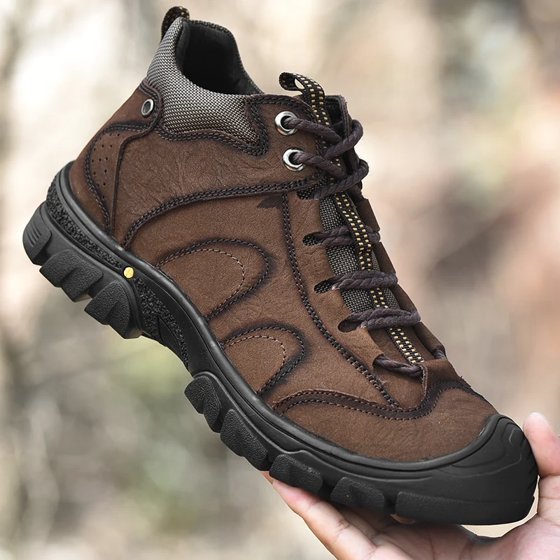 

Outdoor Fashion Brown Platform Hiking Shoes Luxury Mens Boots Genuine Leather Thick Rubber Non-Slip Ankle Boots for Men Cowboy