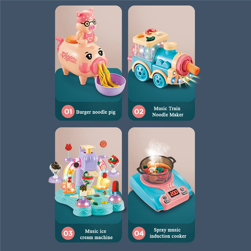 

Children Kitchen Pretend Play Toys Handmade Clay DIY Making Plasticine Mold Color Clay Material Package Pig Noodle Machine Set