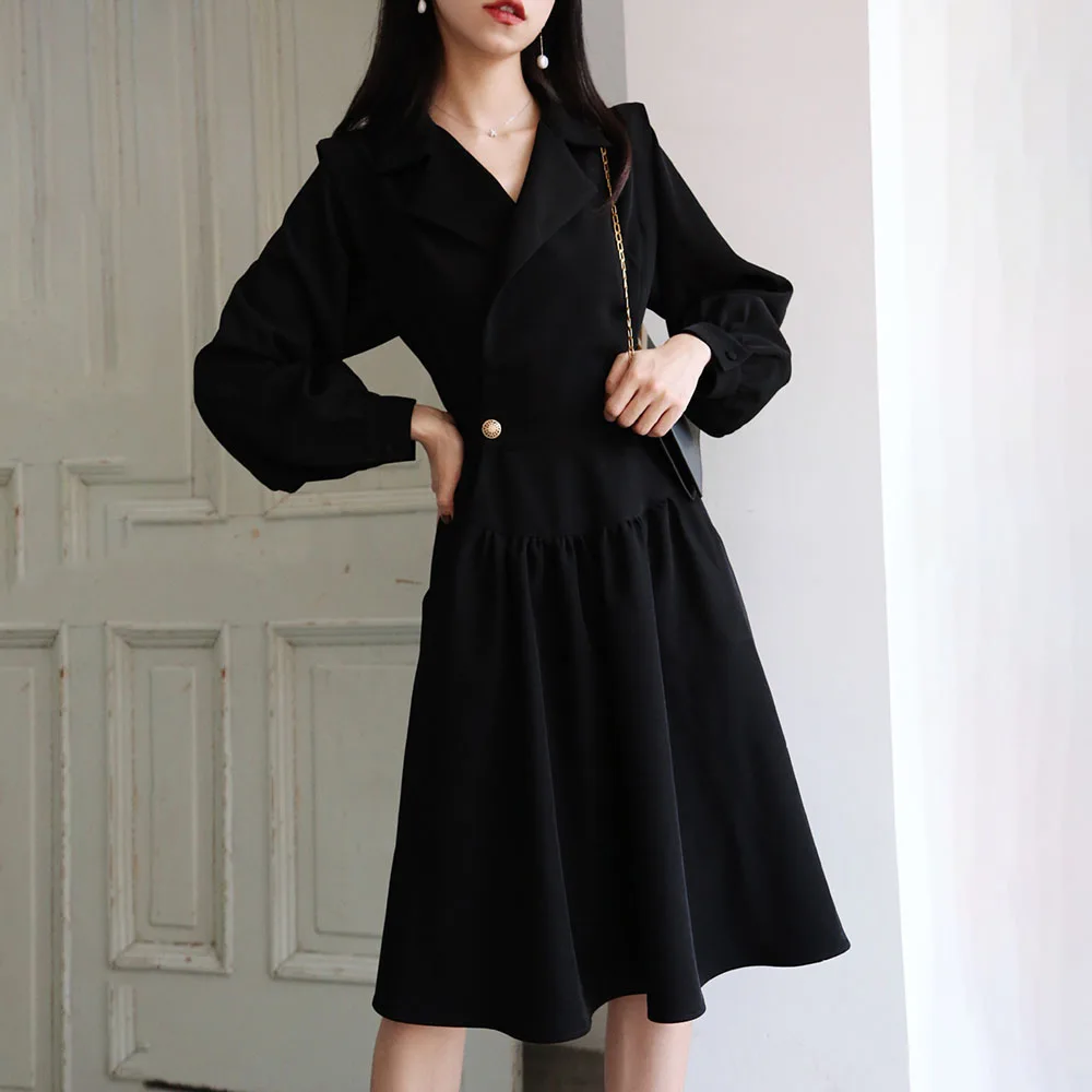 

Women's Autumn New Dress Casual Fashion Simple Commuter Style Long-sleeved Solid Color Waist Two Button Suit Collar Dresses