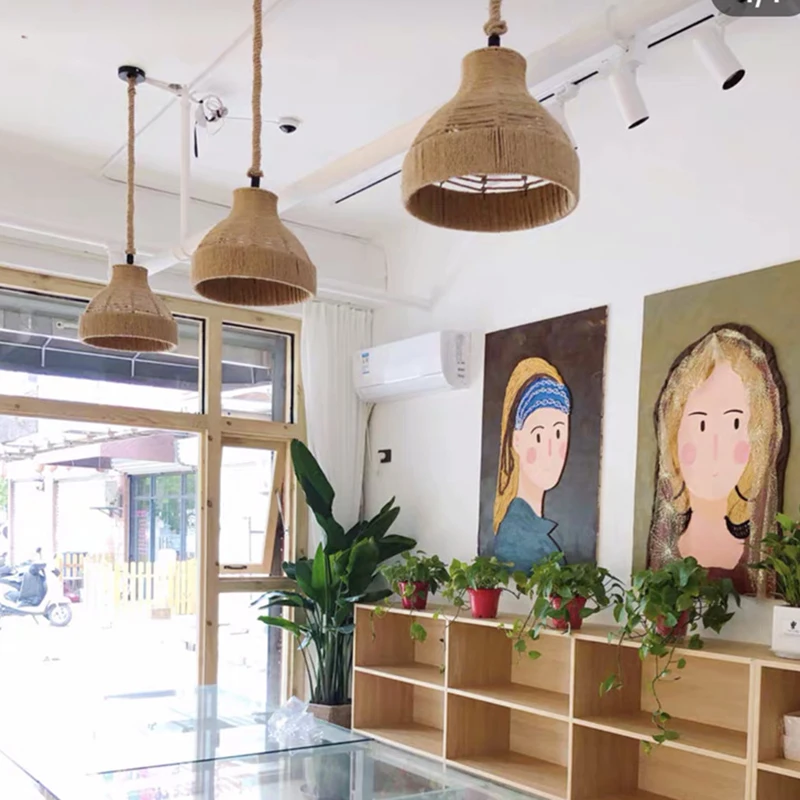 

Hemp Rope Nordic Modern Pendant Lights Retro Iron Art Pendant Lamp Kitchen Metal Hanging Lamps American Industrial Pendant Light