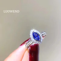 luowend 100 real 18k white gold rings marquise cut blue sapphire bague natural diamond ring for women wedding cocktail jewelry