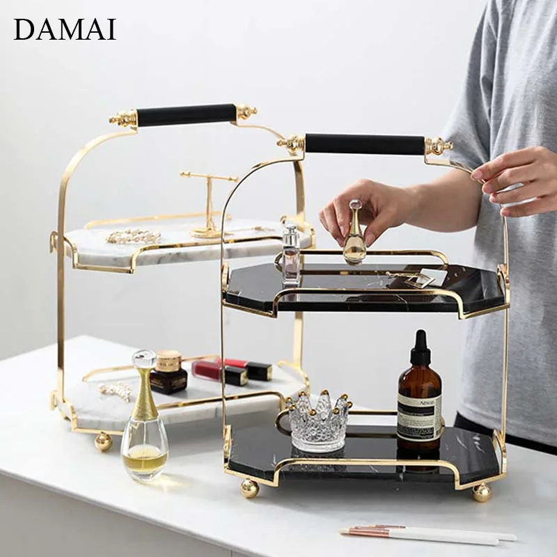 

Natural Marble Cake Stand European Golden Stroke Double Layer Dessert Display Shelf Jewelry Storage Trays Living Room Decoration