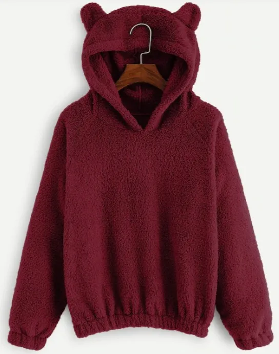 

Autumn and winter new solid color fluffy rabbit ears hooded warm sweatshirt women
