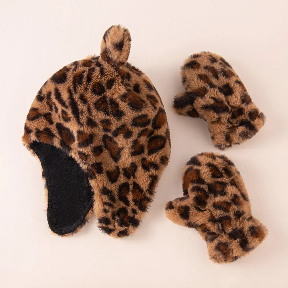 

Зимние леопардовые мягкие теплые варежки, шапки-бини с ушками, детские шапки, комплект перчаток, флисовые теплые для детей 1-4 лет