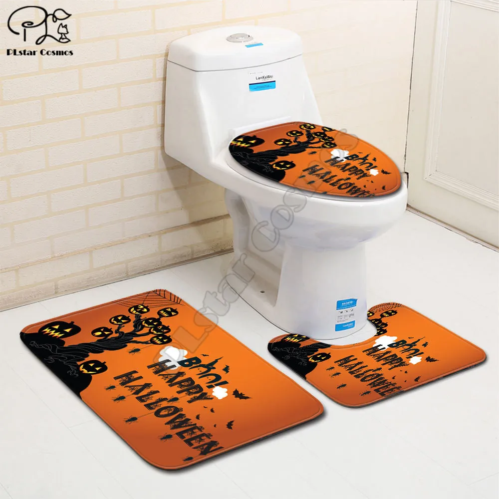 

Halloween pumpkin car pattern funny 3D printed Bathroom Pedestal Rug Lid Toilet Cover Bath Mat Set drop shipping style-3