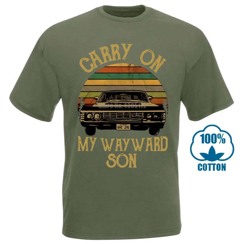 Армейский зеленый Сверхъестественное Винтажная Футболка Carry On My wayard Son Dark Heather для мужчин Сделано в США - Цвет: Армейский зеленый