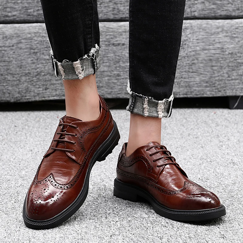 Броги мужские из натуральной кожи деловые повседневные туфли дышащие модные