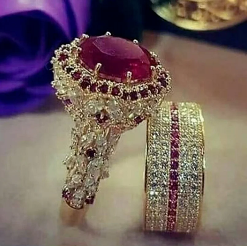 

2 Pcs/set Temperament Full Crystal Cubic Zirconia Rings Set For Women Party Wedding Engagement Jewelry Accessories Size 5-11