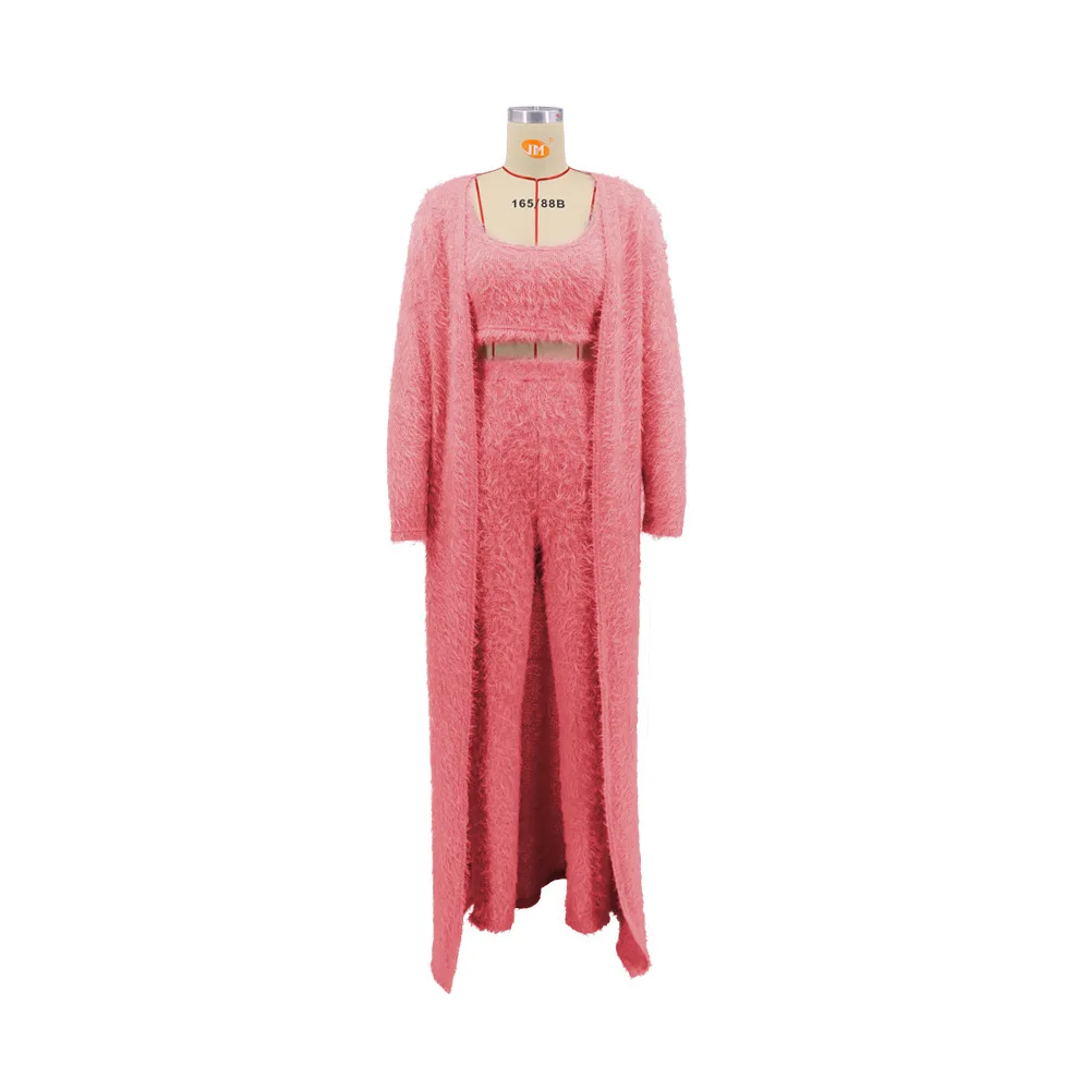 

Sexy Plush Warm Matching Women 3 Piece Sets Autumn Winter Clothing Slim Fit Tank Top+bodycon Legging+long Sleeve Cardigan Outfit