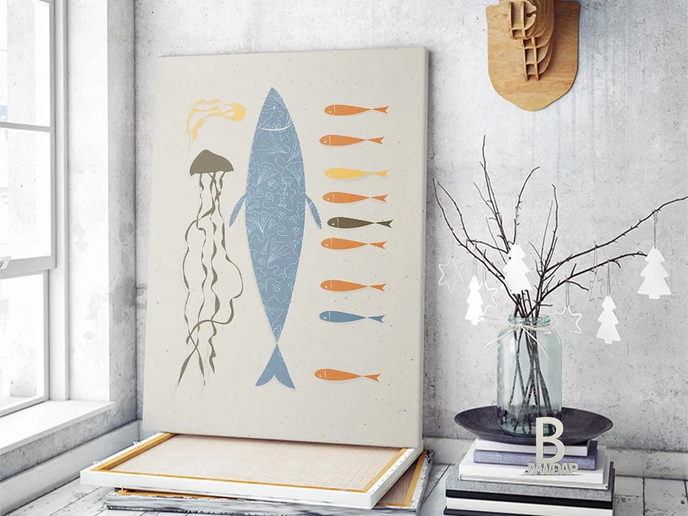 Морское искусство на стене плакат с рыбками и темно-синий морской художественный