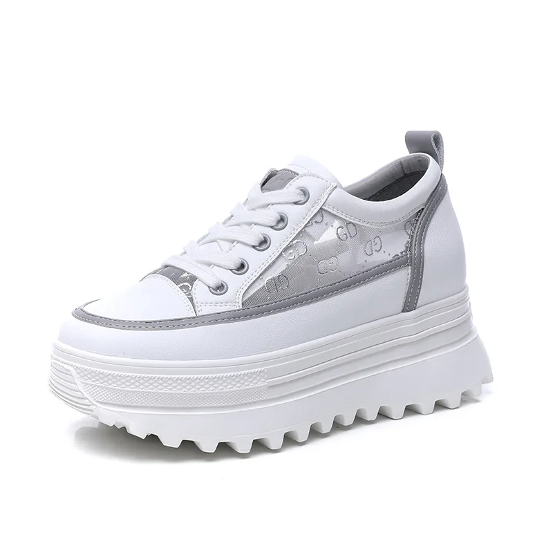 

2021 Summer New Cowhide White Shoes Women's Breathable Platform Sole Thick Bottom Increased Casual Sports Shoes