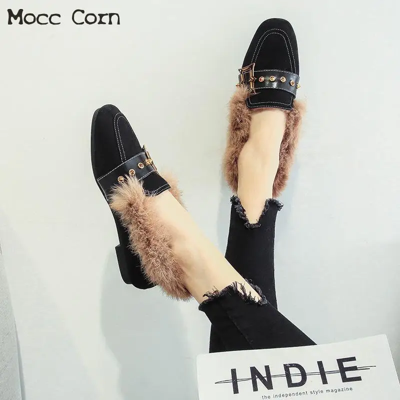 

Large Size Plush Loafers Shoes Women's Warm Fur Flats Winter Casual Rivet Lady Moccasins Real Fur Cotton Shoes Zapatos Mujer New